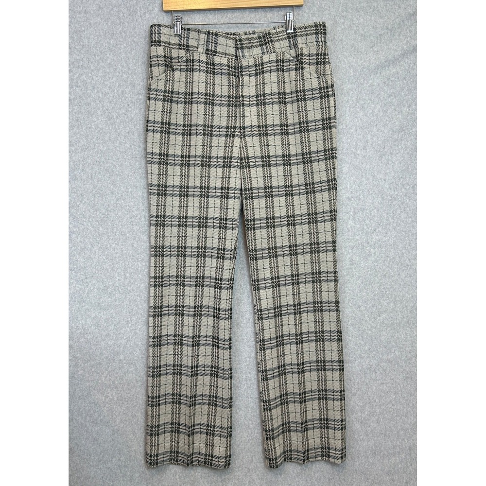 Asher 1970s Vintage Plaid Knit Trousers Tan Brown Green Straight Leg Mens 36x34